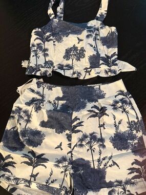 Majie Blue Toile Tropical Print Crop Top & Shorts Set
